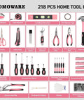 218 Piece Pink Home Tool Kit Set With Bag For DIY Home Maintenance And Everyday Repairs Includes Screwdrivers Pliers