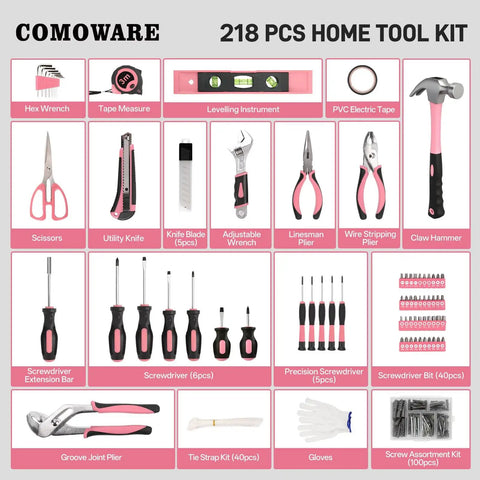 218 Piece Pink Home Tool Kit Set With Bag For DIY Home Maintenance And Everyday Repairs Includes Screwdrivers Pliers
