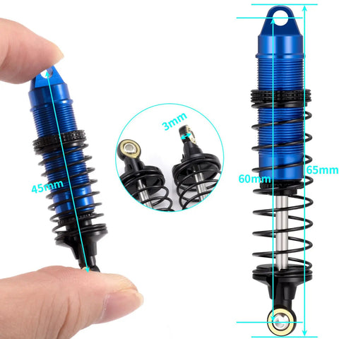 Close-up of blue 4 Piece CNC Machined Aluminum Front And Rear Threaded Shock Absorber Set for 1/16 RC Mini Buggy upgrades in hand