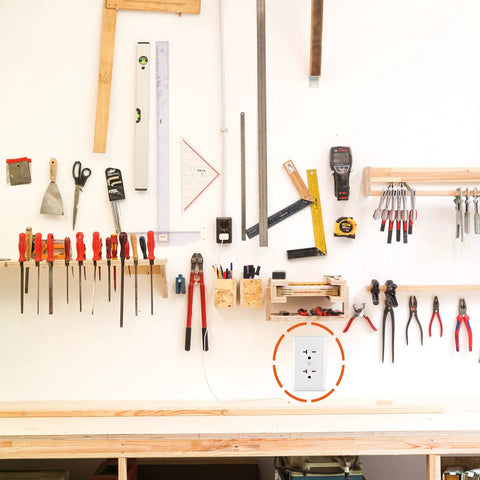 Workshop wall with tools and a NEMA 6-20 Duplex Receptacle 20 Amp 250 Volt Outlet Industrial Grade 2 Pole 3 Wire White 6 Pack.