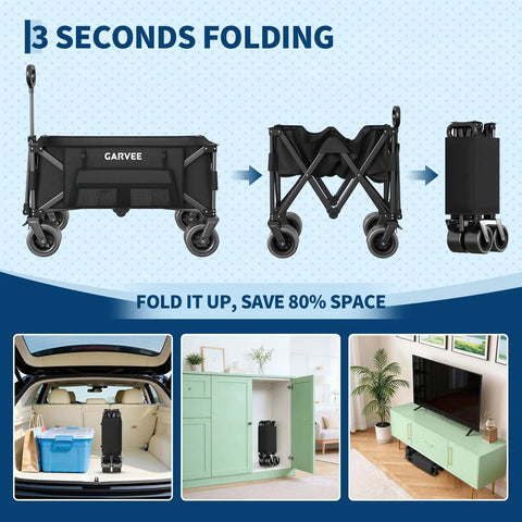 Foldable Utility Wagon Totes Heavy Haul Up To 460 Lbs With 280L Cargo Space fits easily in car and cabinet for storage