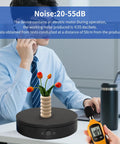 Foxvee 360 Degree Silent Rotating Display Stand Speed Adjustable Motorized Turntable Bidirectional Spinning Base For 3d Scan Product Photography With Triple Power Supply Black featuring flowers and sound meter.