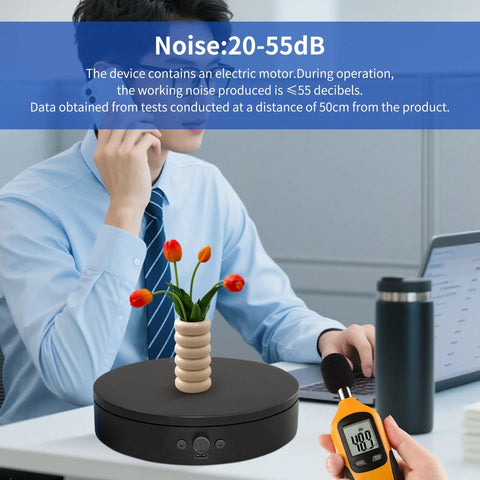 Foxvee 360 Degree Silent Rotating Display Stand Speed Adjustable Motorized Turntable Bidirectional Spinning Base For 3d Scan Product Photography With Triple Power Supply Black featuring flowers and sound meter.