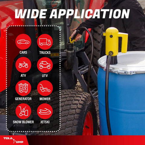 Heavy Duty Electric Fuel Transfer Pump For 15 To 55 Gallon Drums 3.3 Gpm Flow in use with a blue drum near a tractor.