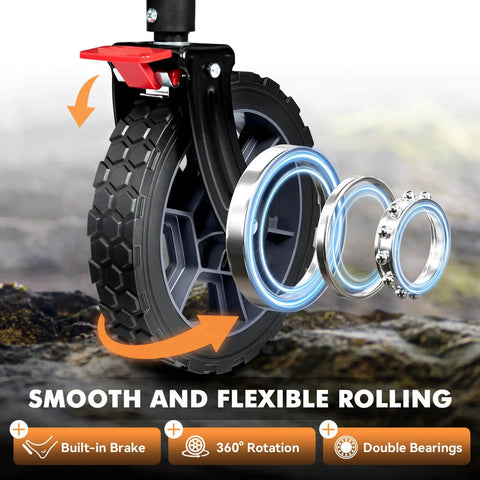 Close-up of all-terrain wheel with double bearings and built-in brake for Collapsible Wagon With 330 Lbs Capacity, Extra Large 200L Cargo Space, Heavy Duty Folding Cart With All Terrain Wheels, Beach and Outdoor Utility Cart for Garden, Yard and Outdoor Adventures, Black.