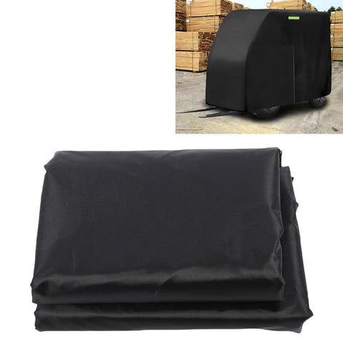 Rid Your Rig From Rain And Dirt With This Straight Up Tough Six Hundred Denier Forklift Cover Featuring Universal Fit And Reflective Strips For Total Job Site Peace Of Mind, folded black cover.