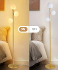 Moon Globe Floor Lamp With 3 Lit Orbs, Modern Gold Tall Floor Lamp For Living Room And Office, showing on and off mode, 67 Inch Metal Stand