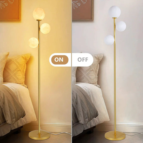 Moon Globe Floor Lamp With 3 Lit Orbs, Modern Gold Tall Floor Lamp For Living Room And Office, showing on and off mode, 67 Inch Metal Stand