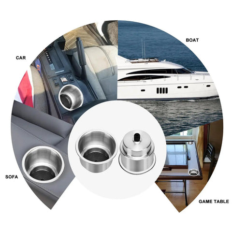 Stainless Steel Cup Drink Holder Set With Drain For Marine Boat RV Camper 4 Pack Self Draining Recessed Cup Holders Corrosion Resistant Easy Install Replaces Plastic Drop In Cup Holders Durable Marine Grade shown in various settings including boat, car, sofa, and game table
