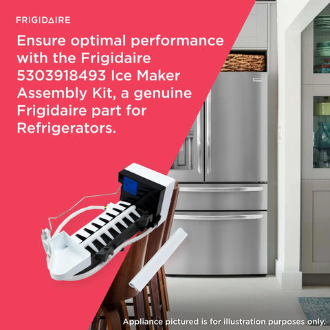 Frigidaire Ice Maker Assembly Kit 5303918493 for refrigerators beside a stainless steel fridge in a modern kitchen.