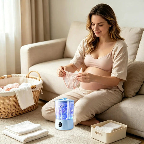 Hassle Free Cordless Mini Washing Machine With Rechargeable Battery And Three Wash Modes For Underwear Socks And Daily Threads Compact Dorm And Camp Ready Laundry Rig with a user holding clothes.