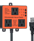 Ortis Automatic Vacuum Switch orange control box with two 120V outlets and a built-in power plug.