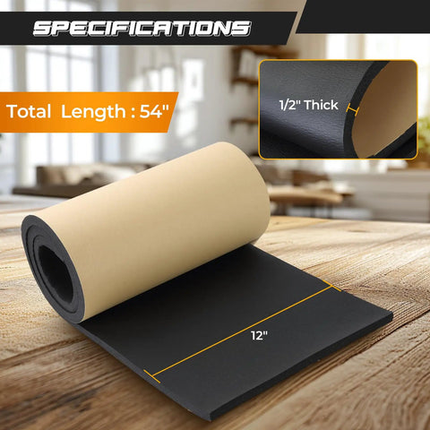 Adhesive Neoprene Foam Sheet One Half Inch Thick 12 Inch Wide 54 Inch Long For DIY Gaskets And Crafts on wood table