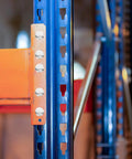 Heavy Duty Pallet Rack Clips Pack M5 Safety Pins for Shelving Units, iron metal silver finish on blue and orange beams