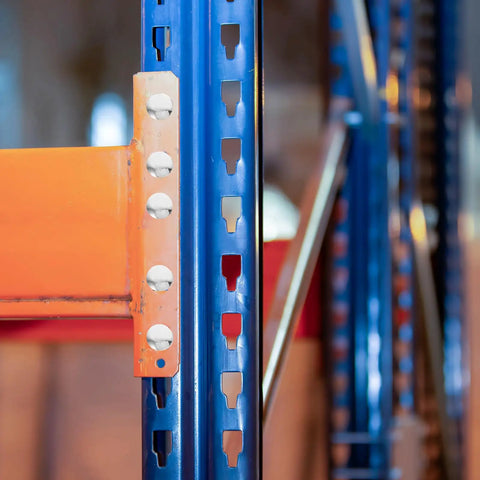 Heavy Duty Pallet Rack Clips Pack M5 Safety Pins for Shelving Units, iron metal silver finish on blue and orange beams