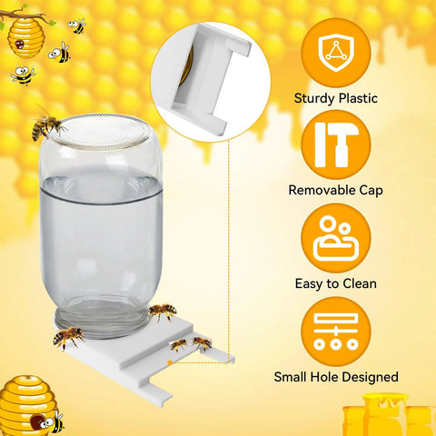 Six Pack Front Bee Feeders For Hives with jar and bees, sturdy plastic, easy clean design