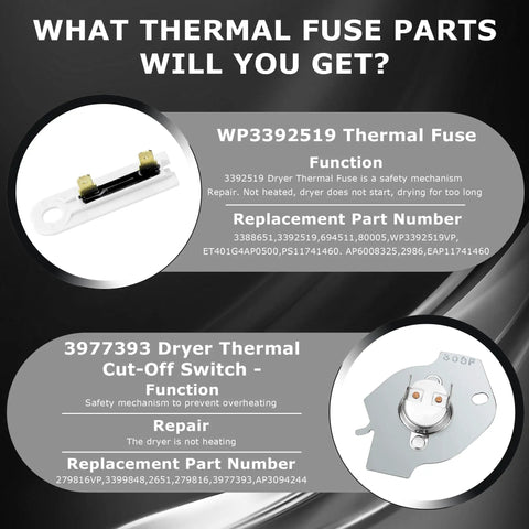 Heavy Duty Dryer Heating Element Kit Replacement W10724237 3403585 279838 package contents showing thermal fuse and cut-off switch.