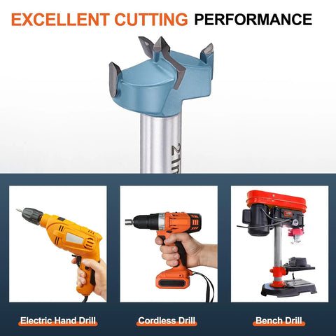 Straight Shooter 13/16 Inch Forstner Drill Bits, 2 Pack Tungsten Carbide Woodworking Hole Saw Kit with drill types.