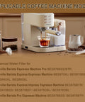 Breville Barista Express/Pro espresso machine, cream color, front view with glass cup.