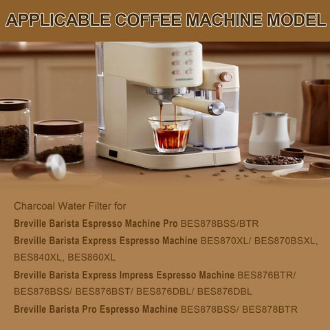 Breville Barista Express/Pro espresso machine, cream color, front view with glass cup.