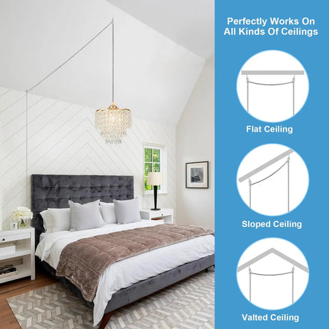 Straight Up Gold Plug In Pendant Light With 16 Foot Long Cord And Sparkling Three Tier Crystals for cozy bedroom with a gray bed.