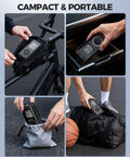 Wireless Portable Tire Inflator With Digital Pressure Gauge And Built In Led Light For Cars Bikes And Sport Gear Type C Rechargeable Smart Air Pump stored in various bags.