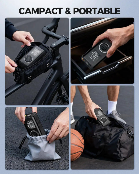 Wireless Portable Tire Inflator With Digital Pressure Gauge And Built In Led Light For Cars Bikes And Sport Gear Type C Rechargeable Smart Air Pump stored in various bags.