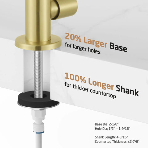 Diagram of RO Water Filter Faucet for Home Kitchen Use No Fuss Non Air Gap Style, Easy Setup with larger base and longer shank features.