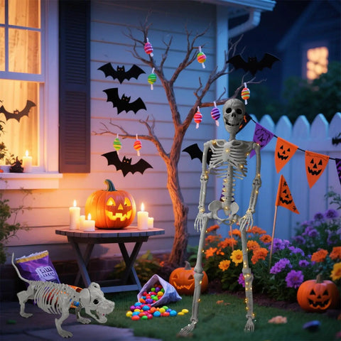 Halloween porch decor with skeleton, pumpkins, and bat decorations at night in a yard setting.