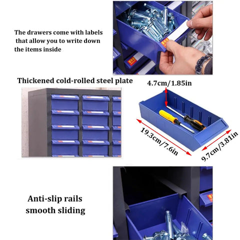 Built Tough 100 Drawer Steel Parts Cabinet With Easy Glide Trays And Included Labels for sorting screws and bolts in labeled drawers.