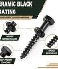 Black ceramic coated lag screw and washer emphasizing rust resistance, part of Beefy Lag Screws Kit 3/8 Inch By 3 Inch With Washers 80 Pack