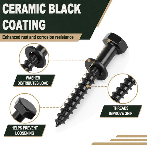 Black ceramic coated lag screw and washer emphasizing rust resistance, part of Beefy Lag Screws Kit 3/8 Inch By 3 Inch With Washers 80 Pack