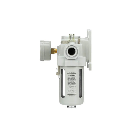 Compressed Air Filter Regulator Lubricator Pro Grade Combo With Gauge And Manual Drain Half Inch NPT Poly Bowl With Metal Guard Includes Bracket