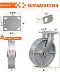 Dimensions of Hardcore 8 Inch Kingpinless Casters 10000 Lbs Capacity Set Of 4 Cast Iron Swivel Wheels with Roller Bearing.