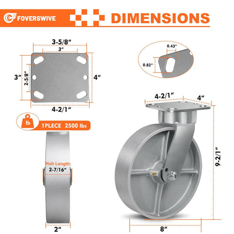 Dimensions of Hardcore 8 Inch Kingpinless Casters 10000 Lbs Capacity Set Of 4 Cast Iron Swivel Wheels with Roller Bearing.