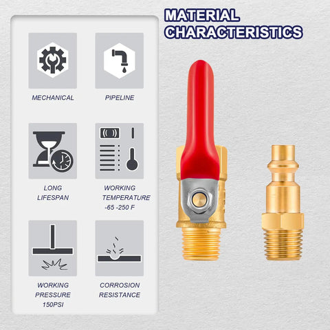 2-Pack Quarter Inch NPT Brass Ball Valve Kit With Shut Off Valve, Heavy-Duty Air Coupler And Plug, Material Characteristics