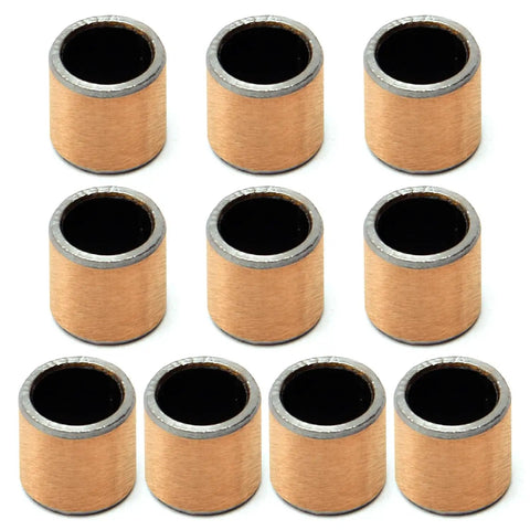 Ten Pack Heavy Duty Oilless Bushing Sleeve Bearings With Zero Sweat Maintenance Free Design And Built Tough Carbon Steel Core For Smooth Reliable Spin On Any Rigged Or Workshop Build in a close-up view, showing bronze and steel construction.