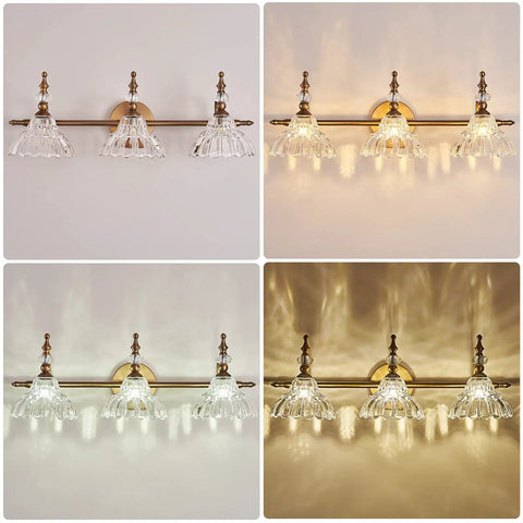 Matte Brass Vanity Light Over Mirror With Two Lights, Modern Wall Sconce for dressing room, flower-shaped lit warm glow
