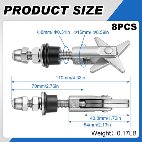 Diagram showing dimensions of 8 Pack M8x110mm X Shaped Toggle Bolts Heavy Duty Wall Anchors Stainless Steel 304 Scissors Type