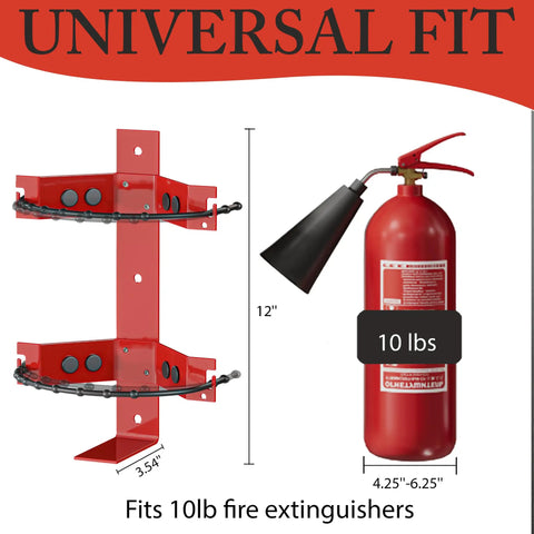 All Purpose Fire Extinguisher Mount Bracket With Easy Install Kit Holds Up To 10 Lbs shown with red fire extinguisher