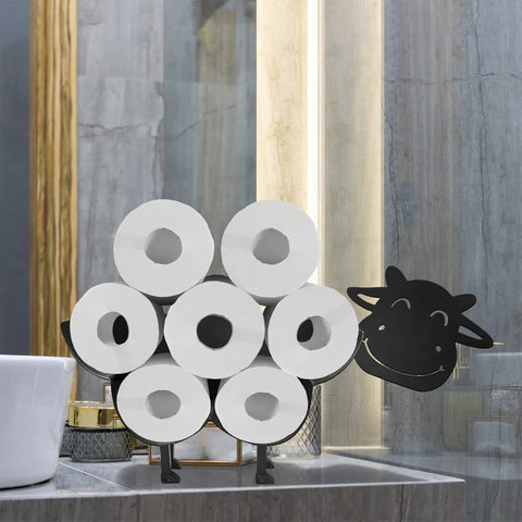 Whimsical Cow Toilet Paper Holder For Bathroom, Metal Design Holds 7 Rolls, Free Standing Or Wall Mount, Rust Resistant Powder Coated Finish, Totally Cute Black Cow Decor For Rustic Country Charm