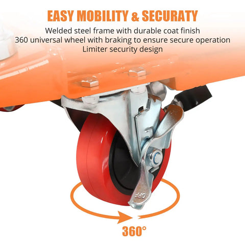 Heavy Duty Hydraulic Lift Table Cart For Material Handling Up To 770 Lbs And 59 Inch Lift Height With Four Wheels Non Slip Pad In Bright Orange Ideal For Warehouses And Workshops Ready To Roll Easy On The Floor And Built For Long Lasting Use showing close-up of 360-degree wheel with brake mechanism.