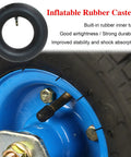 Set Of Four Heavy Duty Pneumatic Swivel Casters With 8 Or 10 Inch Natural Rubber Tires For Industrial Carts, showing inflatable rubber tire and steel bracket.