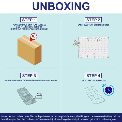 Unboxing instructions for Outdoor Bench Cushion Tufted 44x22x4 Inch Loveseat Pad, showing unpacking steps.