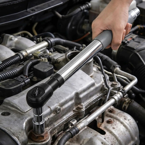1/2 Inch Offset Extension Wrench Impact Rated Ratchet Adapter For Electric Drill in use on a car engine, showcasing a sturdy grip.