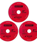 3 Pack 4.5 Inch Diamond Cutting Off Wheels Set For Seven Eighths Inch Arbor, shown in a red design with branding, heavy duty use