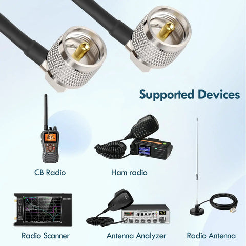 Right Angle 10 Foot RG58 Coax Cable PL 259 UHF Male To Male For CB Radio And HAM Radio, Low Loss Antenna Jumper with devices