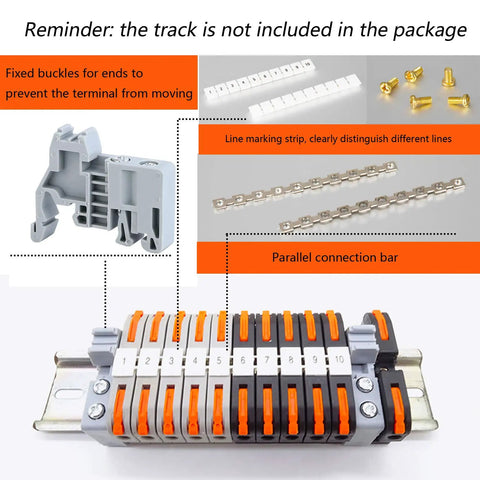Must Have DIN Rail Terminal Blocks Kit with 20 Universal Compact Connectors, connection bars, end blocks, and screws.