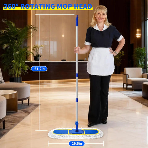 No Fuss Heavy Duty Commercial Dust Mop With 29.5 Inch Head And 61 Inch Handle in a lobby setting used for cleaning floors.
