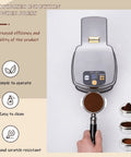 Pro Rigged Stainless Steel Coffee Tamper 58Mm Onboard Digital Scale Rechargeable Adjustable 10 To 30 Kilos Badass Footing with coffee grounds.